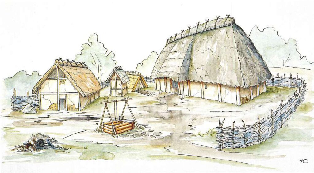 Für die Seite "Über uns" haben wir eine schöne Zeichnung eines fränkischen Gehöfts der Merowingerzeit gefunden