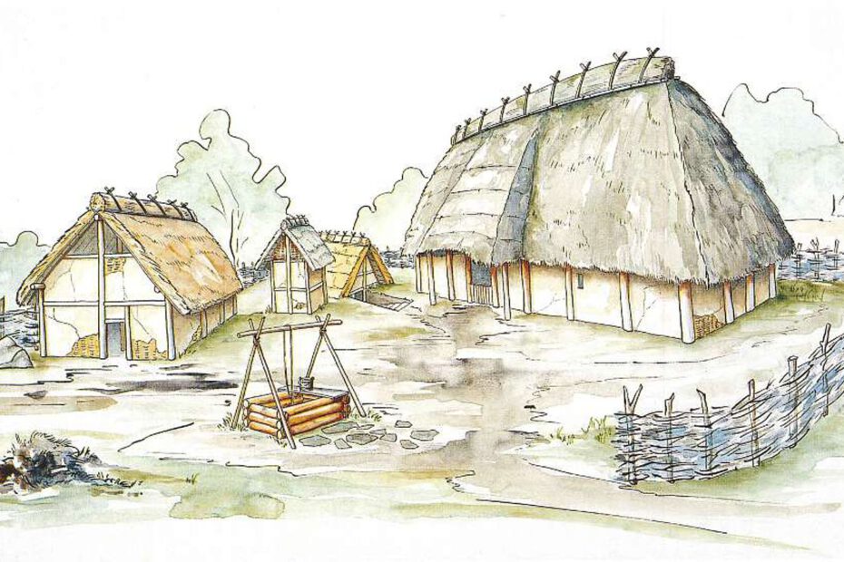 Für die Seite "Über uns" haben wir eine schöne Zeichnung eines fränkischen Gehöfts der Merowingerzeit gefunden
