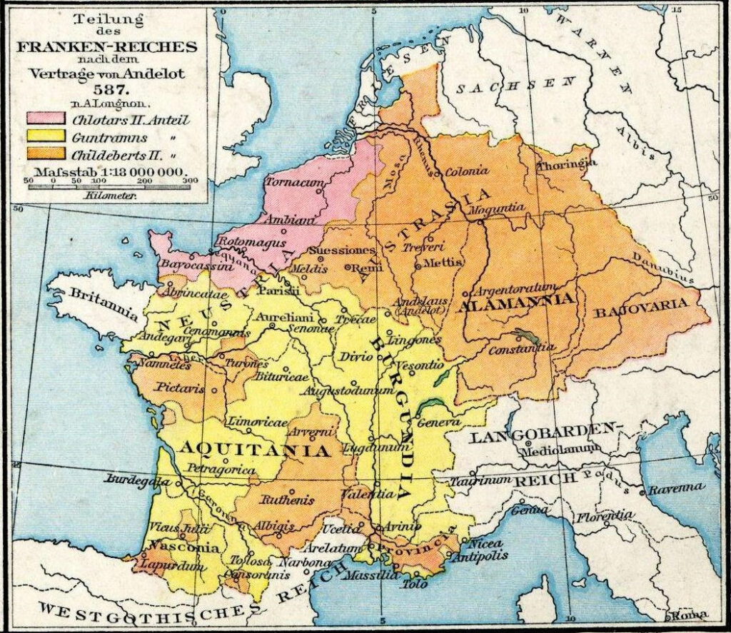 Die Merowingerzeit - Karte der Aufteilung des Reichs im Vertrag von Andelot von 587